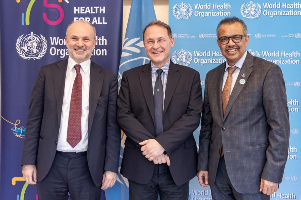 Nella foto da sinistra: Orazio Schillaci, Edmondo Cirielli, Tedros Adhanom Ghebreyesus